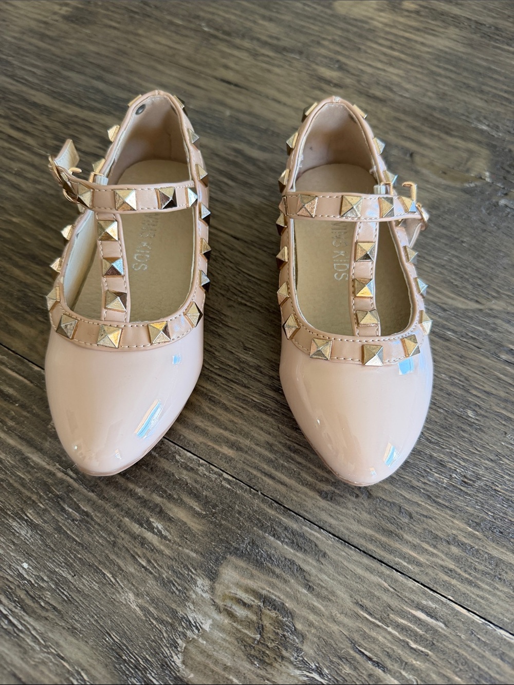 Girls' Patent Pink Studded T-Strap Dress Shoes